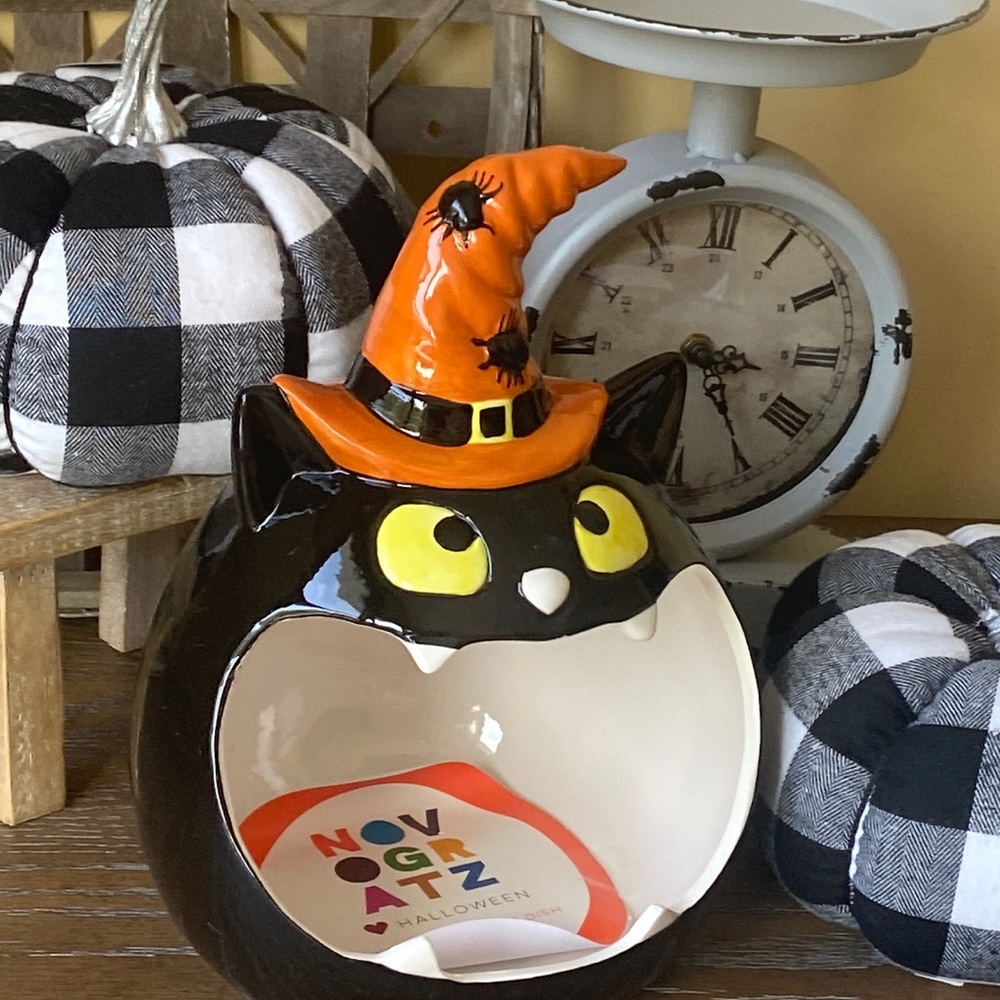 NEW!  Vintage Inspired Ceramic  Black Cat Big Mouth Halloween Candy Bowl
